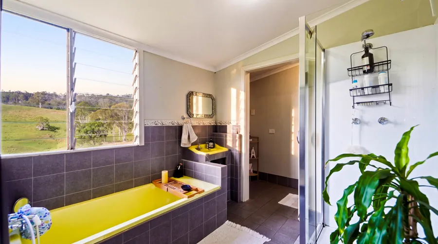 Bathroom with a view across the paddocks