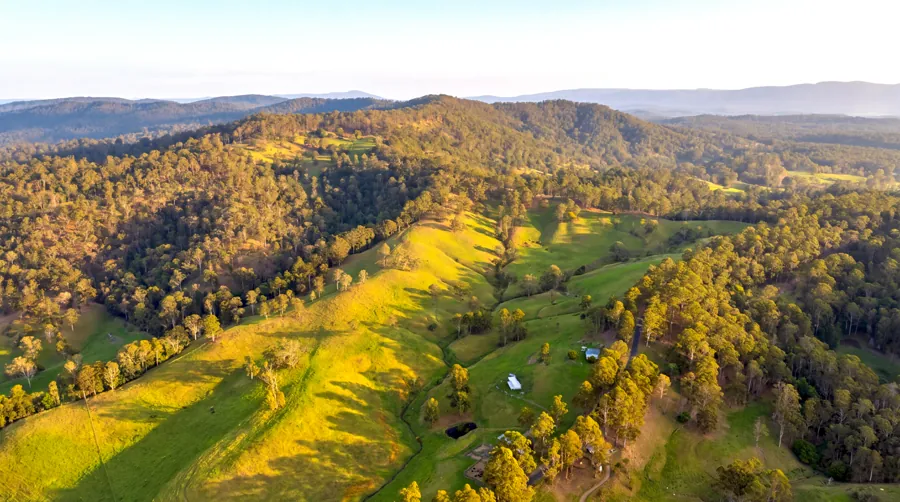 The valley and wooded hills in late afternoon