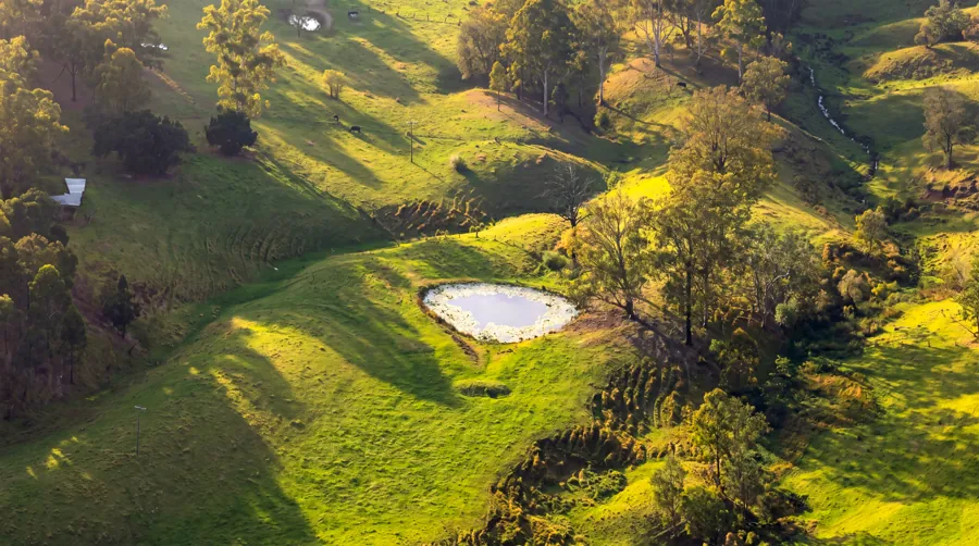 A dam nestled between rolling grassy hills