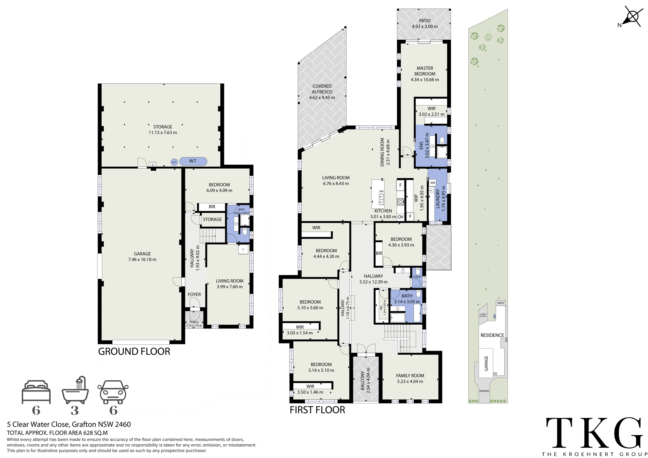 Supplied floor plan of 5 Clear Water Close showing the ground floor, first floor and site layout
