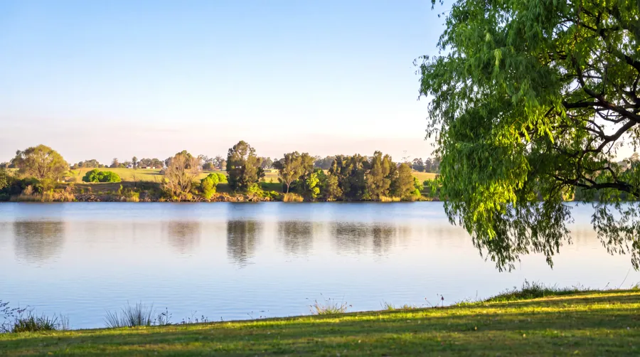 The river framed by trees beside the property